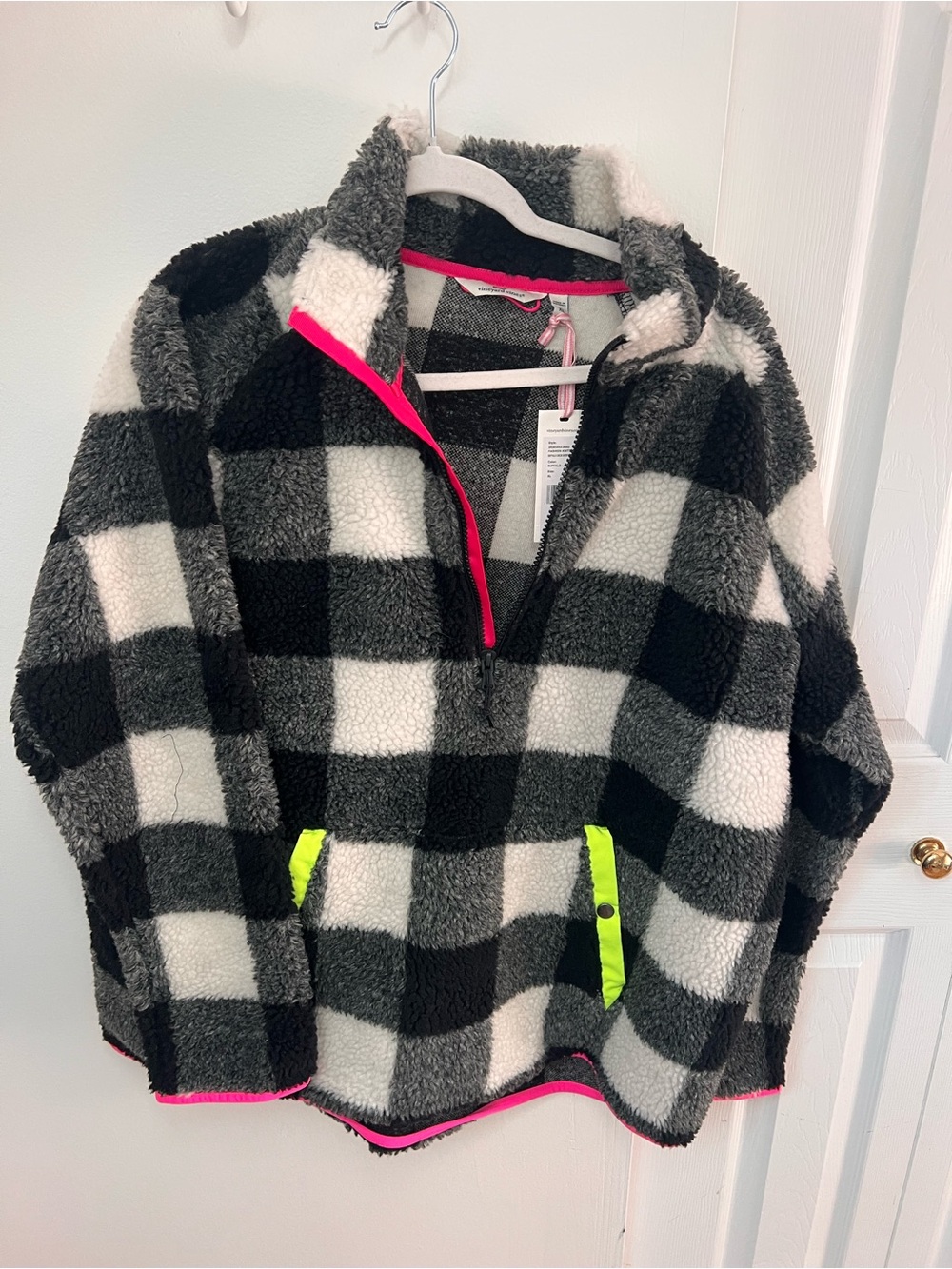 Vineyard Vines Black & White Check Sherpa Pullover with Neon Accents